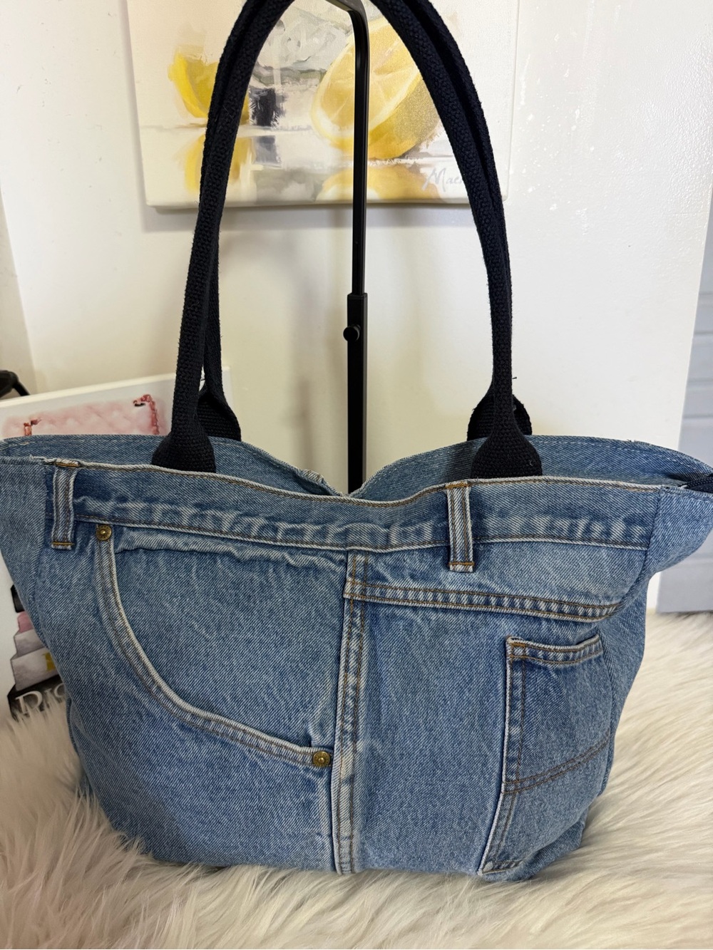 Crown Denim Tote Bag with Black Handles - Casual Everyday Carry